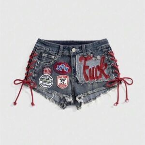 Y2K Patchwork Denim Shorts w/ Lace-Up Sides & Graphic – Festival/Rave
